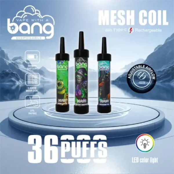 Bang 36K (36000) Puffs DTL LED Color Light 40ml E-liquid Type-C Charging 0% 2% 3% 5% Nicotine Disposable Vape Pen 1 Bang 36K (36000) Puffs DTL LED Color Light 40ml E-liquid Type-C Charging 0% 2% 3% 5% Nicotine Disposable Vape Pen vapes88.com