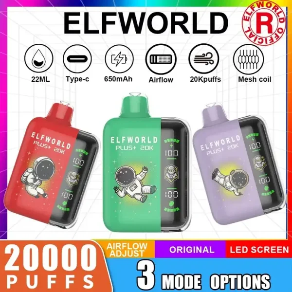 Elfworld PLUS 25K 20000 Puffs 0% 2% 3% And 5% Nicotine LCD Screen Display 22ml E-liquid Capacity Display Disposable Vape 1 Elfworld PLUS 20000 Puffs nicotine strengths: 0%, 2%, 3%, and 5% LCD Screen Display 22ml e-liquid capacity Display Disposable Vape
