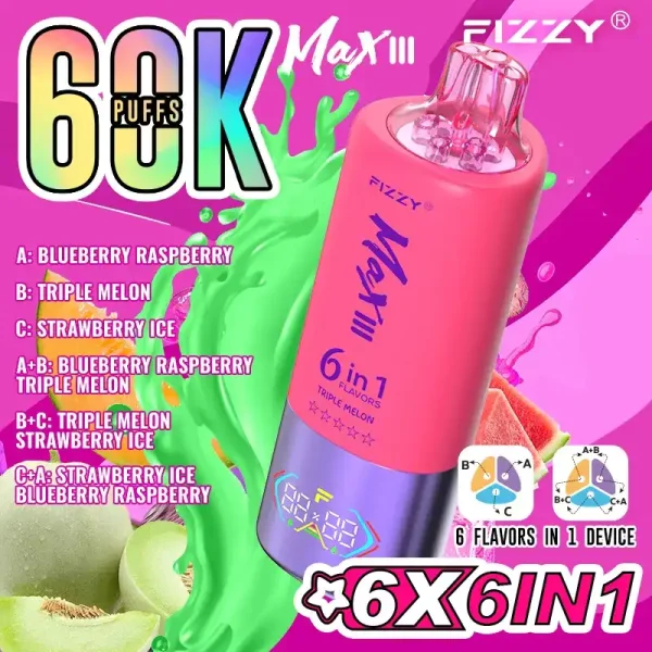 Fizzy Max III 6in1 60K (60000) Puffs LCD Display 60ml E-liquid 850 mAh Battery 2% 5% Nicotine 10 Flavors Disposable Vape 10 Fizzy Max III 6in1 60K (60000) Puffs LCD Display 60ml E-liquid 850 mAh Battery 2% 5% Nicotine 10 Flavors Disposable Vape