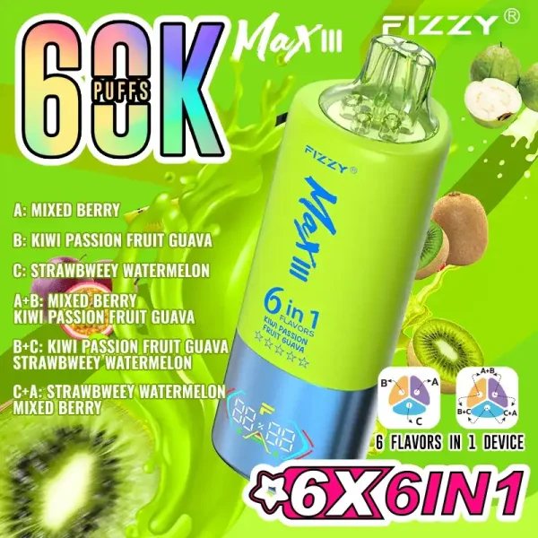 Fizzy Max III 6in1 60K (60000) Puffs LCD Display 60ml E-liquid 850 mAh Battery 2% 5% Nicotine 10 Flavors Disposable Vape 8 Fizzy Max III 6in1 60K (60000) Puffs LCD Display 60ml E-liquid 850 mAh Battery 2% 5% Nicotine 10 Flavors Disposable Vape