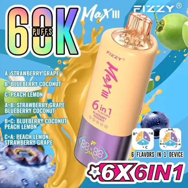 Fizzy Max III 6in1 60K (60000) Puffs LCD Display 60ml E-liquid 850 mAh Battery 2% 5% Nicotine 10 Flavors Disposable Vape 6 Fizzy Max III 6in1 60K (60000) Puffs LCD Display 60ml E-liquid 850 mAh Battery 2% 5% Nicotine 10 Flavors Disposable Vape
