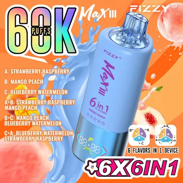 Fizzy Max III 6in1 60K (60000) Puffs LCD Display 60ml E-liquid 850 mAh Battery 2% 5% Nicotine 10 Flavors Disposable Vape 4 Fizzy Max III 6in1 60K (60000) Puffs LCD Display 60ml E-liquid 850 mAh Battery 2% 5% Nicotine 10 Flavors Disposable Vape