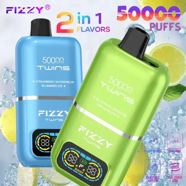 Fizzy Twins 50K (50000) Puffs Dual Flavors 50ML E-liquid Mesh Coil 850 mAh Battery 2% 5% Nicotine LCD Screen Disposable Vape 1 Fizzy-Twins-50K-50000-Puffs-Disposable-Vape (6)