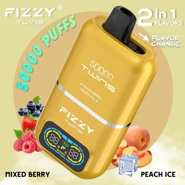 Fizzy Twins Dual Flavor 50K (50000) Puffs Mixed Berry Peach Ice Disposable Vape 1 Fizzy Twins 50K (50000) Puffs Dual Flavors 50ML E-liquid Mesh Coil 850 mAh Battery 2% 5% Nicotine LCD Screen Disposable Vape – A New Era in Vaping Innovation
