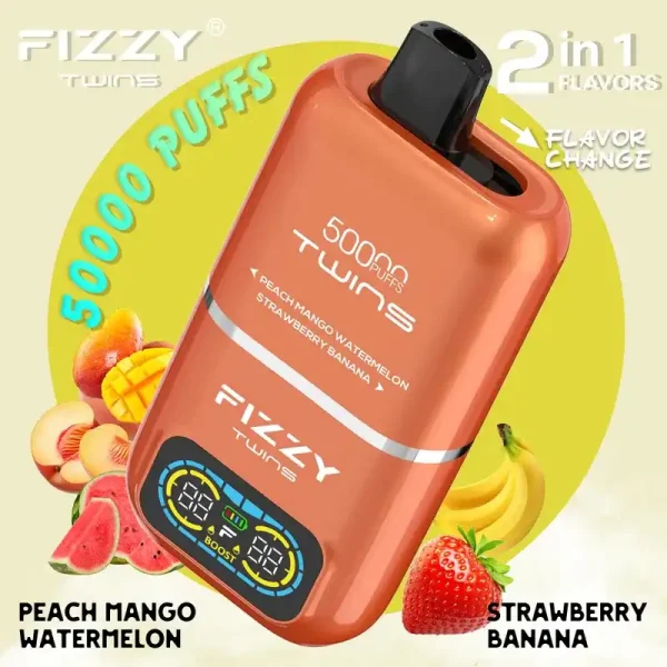 Fizzy Twins Dual Flavor 50K (50000) Puffs Peach Mango Watermelon Strawberry Banana Disposable Vape 1 Fizzy Twins 50K (50000) Puffs Dual Flavors 50ML E-liquid Mesh Coil 850 mAh Battery 2% 5% Nicotine LCD Screen Disposable Vape – A New Era in Vaping Innovation