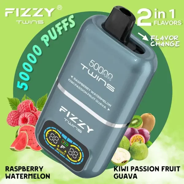 Fizzy Twins Dual Flavor 50K (50000) Puffs Raspberry Watermelon Kiwi Passion Fruit Guava Disposable Vape 1 Fizzy Twins 50K (50000) Puffs Dual Flavors 50ML E-liquid Mesh Coil 850 mAh Battery 2% 5% Nicotine LCD Screen Disposable Vape – A New Era in Vaping Innovation