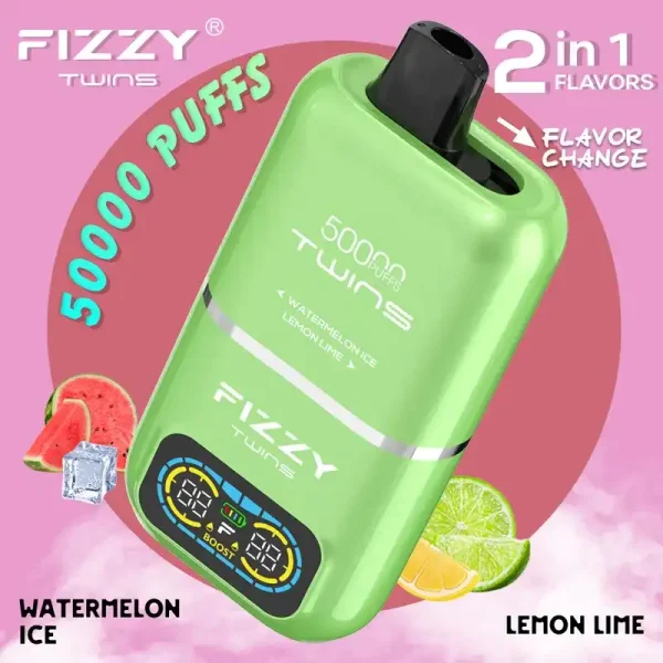 Fizzy Twins Dual Flavor 50K (50000) Puffs Watermelon Ice Lemon Lime Disposable Vape 1 Fizzy Twins 50K (50000) Puffs Dual Flavors 50ML E-liquid Mesh Coil 850 mAh Battery 2% 5% Nicotine LCD Screen Disposable Vape – A New Era in Vaping Innovation